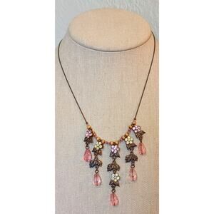 Antiqued Bronze Pink & AB Crystal Teardrop Dangle Necklace